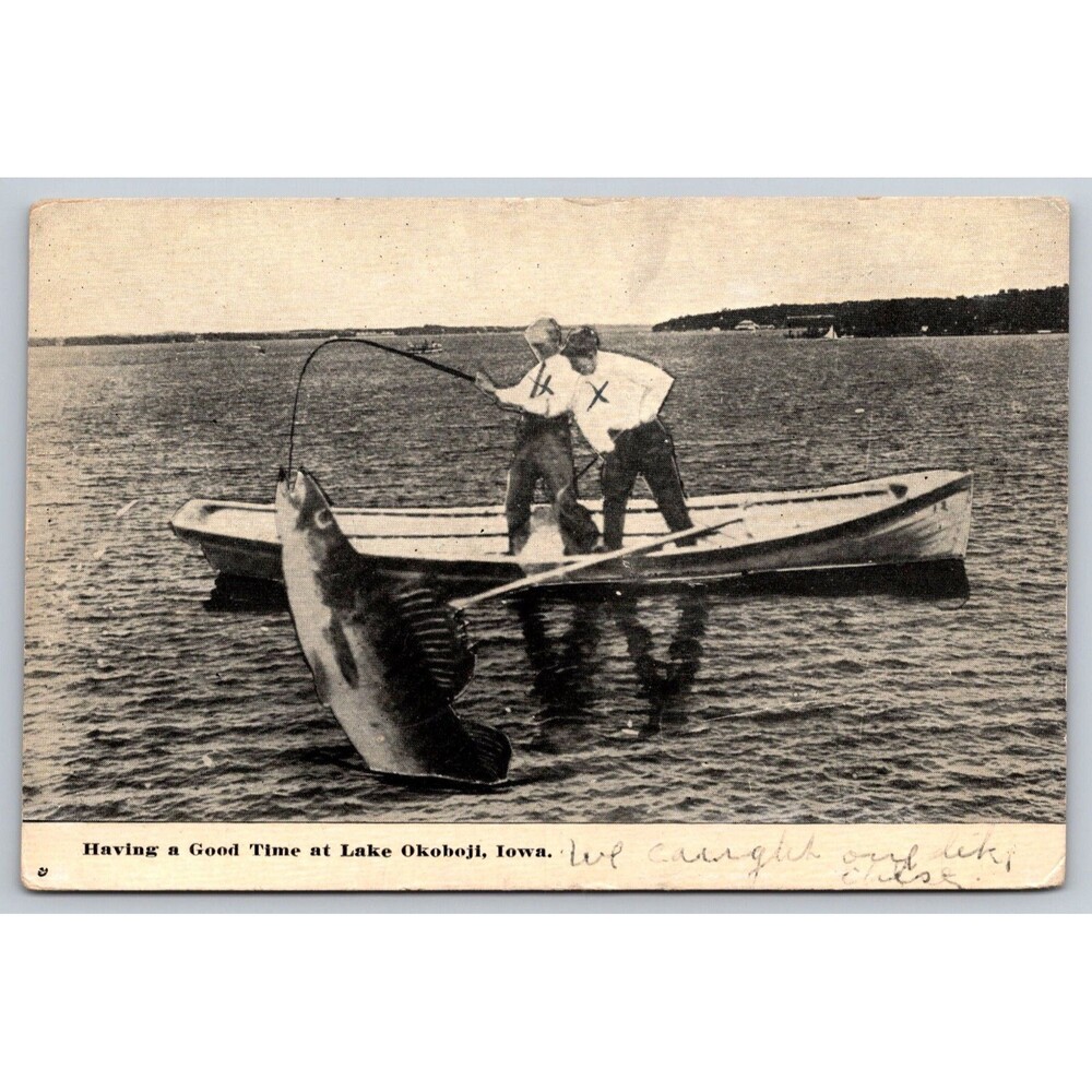 Postcard Iowa Arnold Lake Okoboji Fishing Exaggeration Posted 1914 Boat IA
